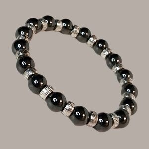 Handmade Black Magnetic Hematite/Silver Beaded Stretch Bracelet Boho Ethnic 7.5